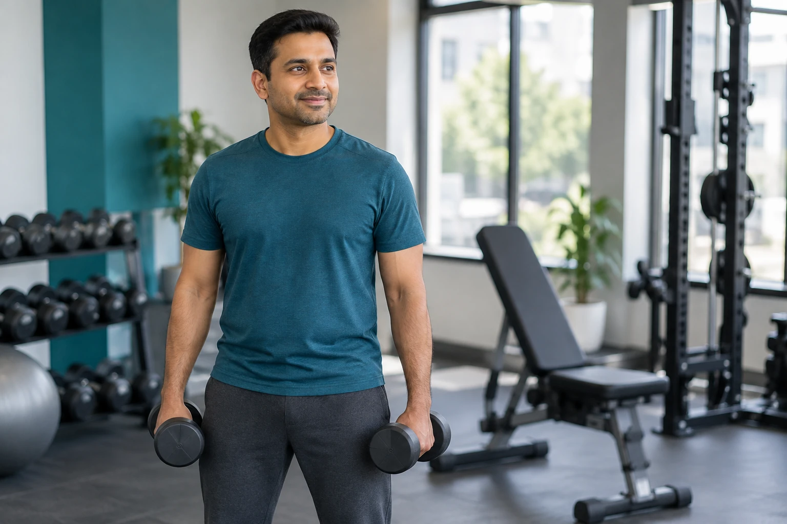 An adult doing a strength exercise in a bright gym